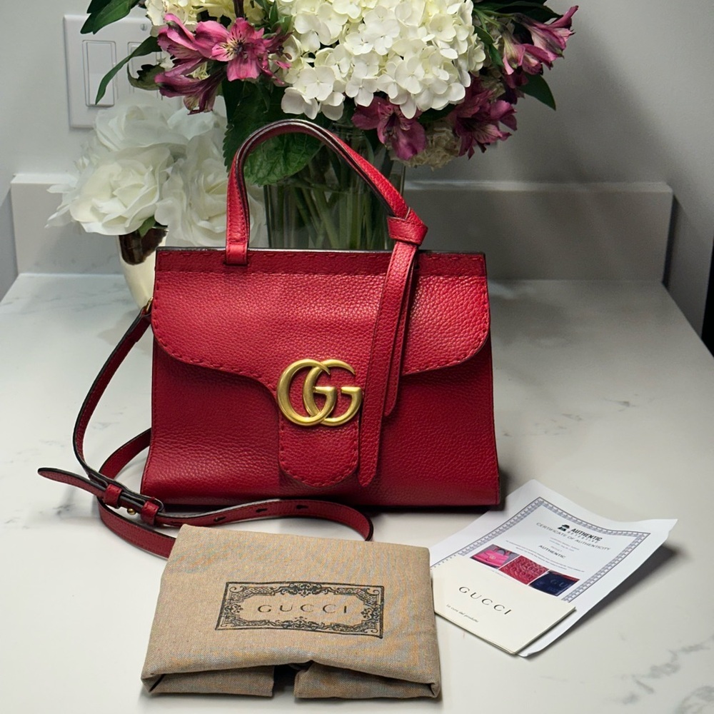 Gucci Calfskin GG Marmont Crossbody Bag with Gold Accents Volcanic Red